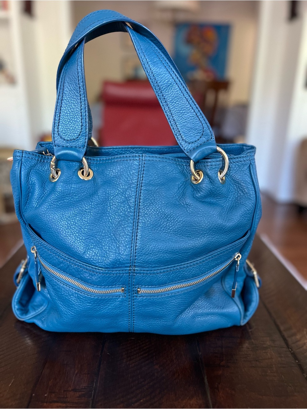 Michael Kors Blue Pebbled Leather Satchel Tote Gold Hardware – Missing Charm